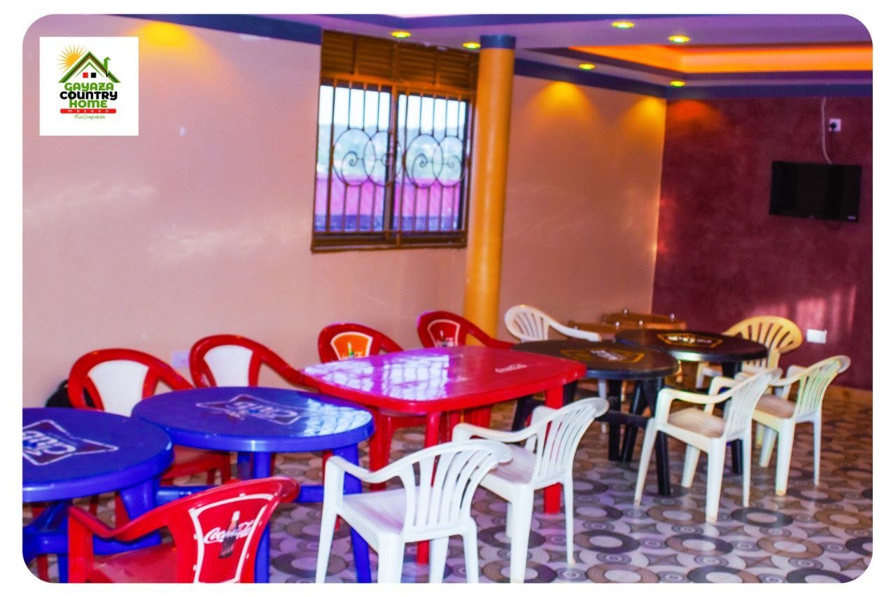 Indoor dining area with colorful chairs