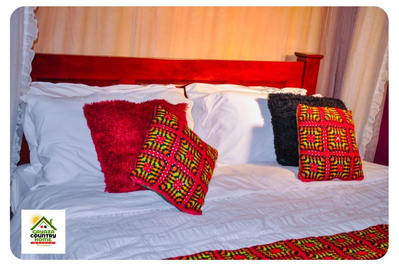 Guest room bed with patterned cushions